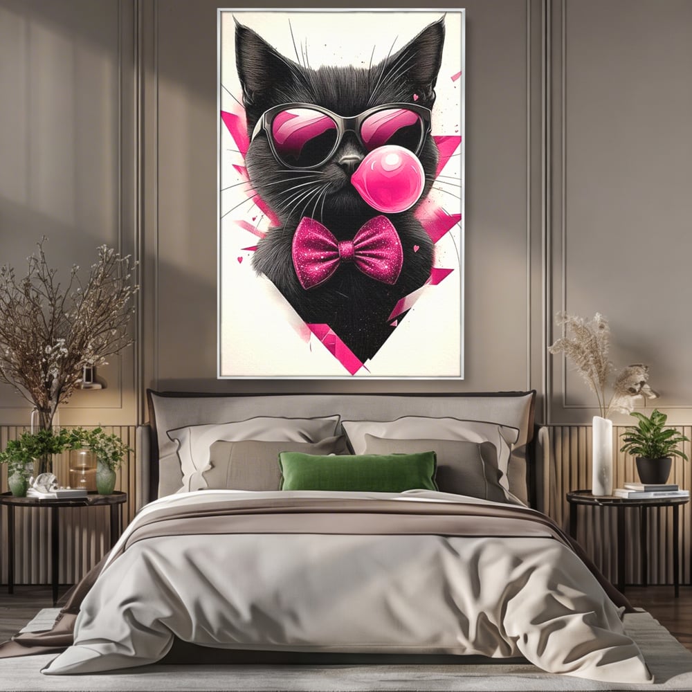 Tablou canvas cu ilustratie digitala cu pisica neagra, in rama de aluminiu argintiu, pe perete intr-un dormitor